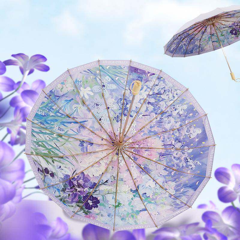 三折101466骨折雨雨伞彩胶雨伞晴两用太阳伞油画风叠抗遮阳风伞厂