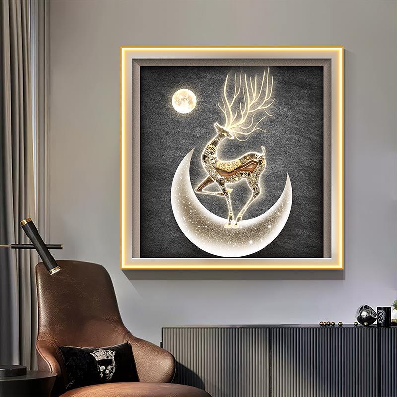 麋鹿正对门玄关装饰画轻奢走廊过道挂画福禄相伴入户正方形壁画灯图片