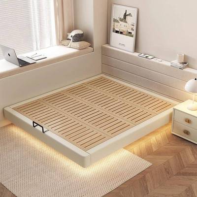 奶油风齐边悬DPM床架无浮床床约现代榫卯结构榉木排头骨架床无靠