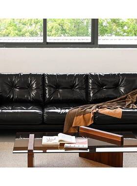 意极简黑UTQ色油蜡皮沙发意厅大利设计位师款客三人直排小户式型