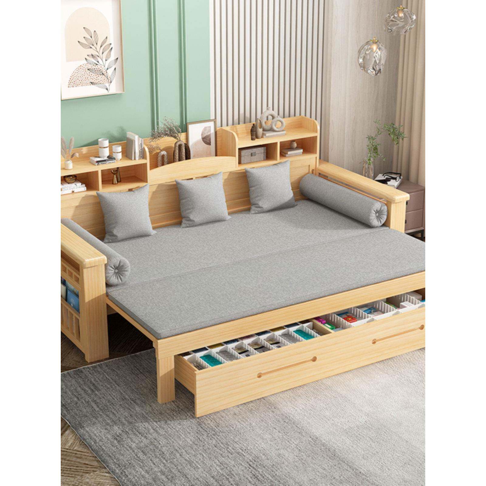 实木沙发床可折叠008简约现卧代拉客厅小户型多功能储物柜推坐带