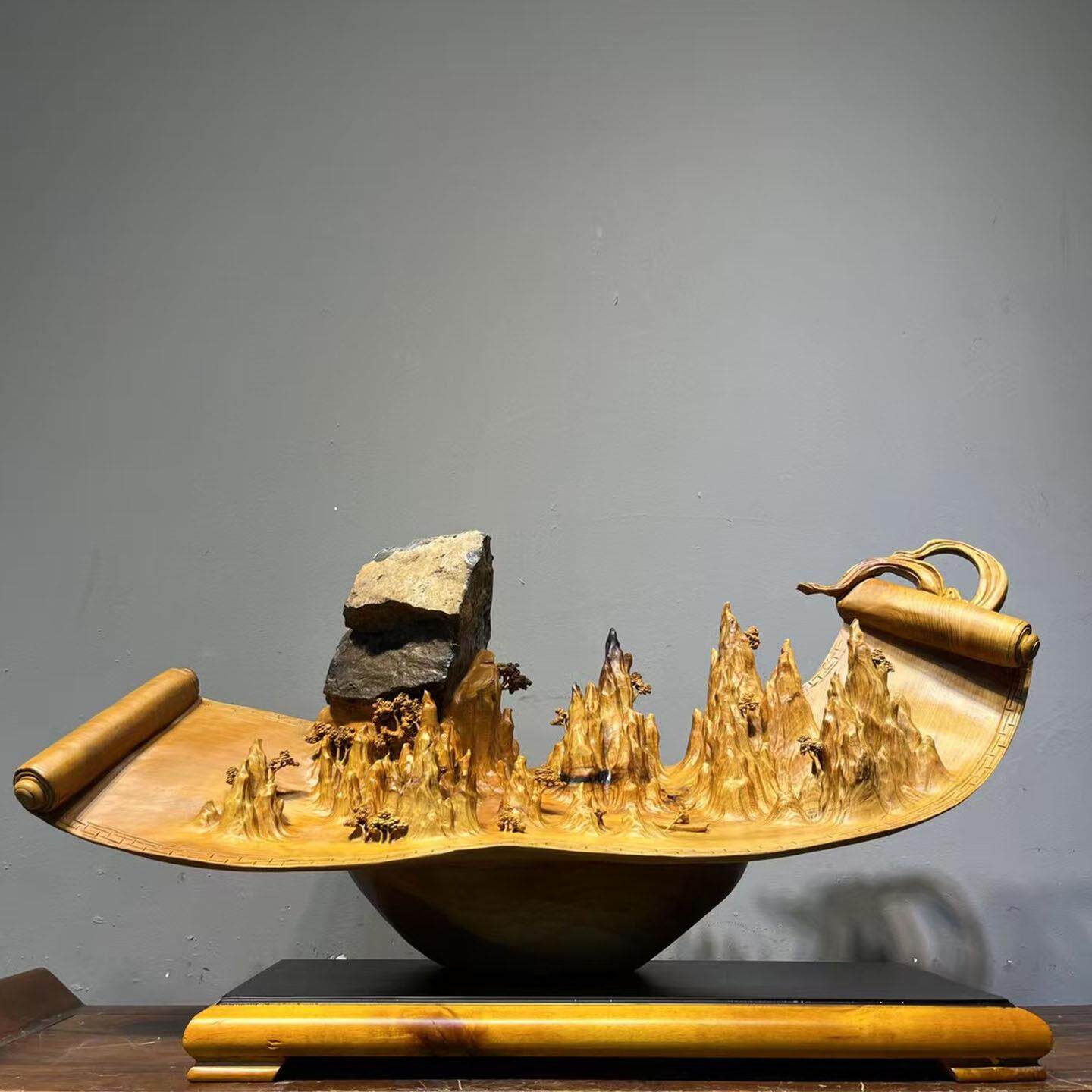 太行崖柏根雕江山如画 画摆件山水五牛花鸟手工金丝楠木雕刻抱石