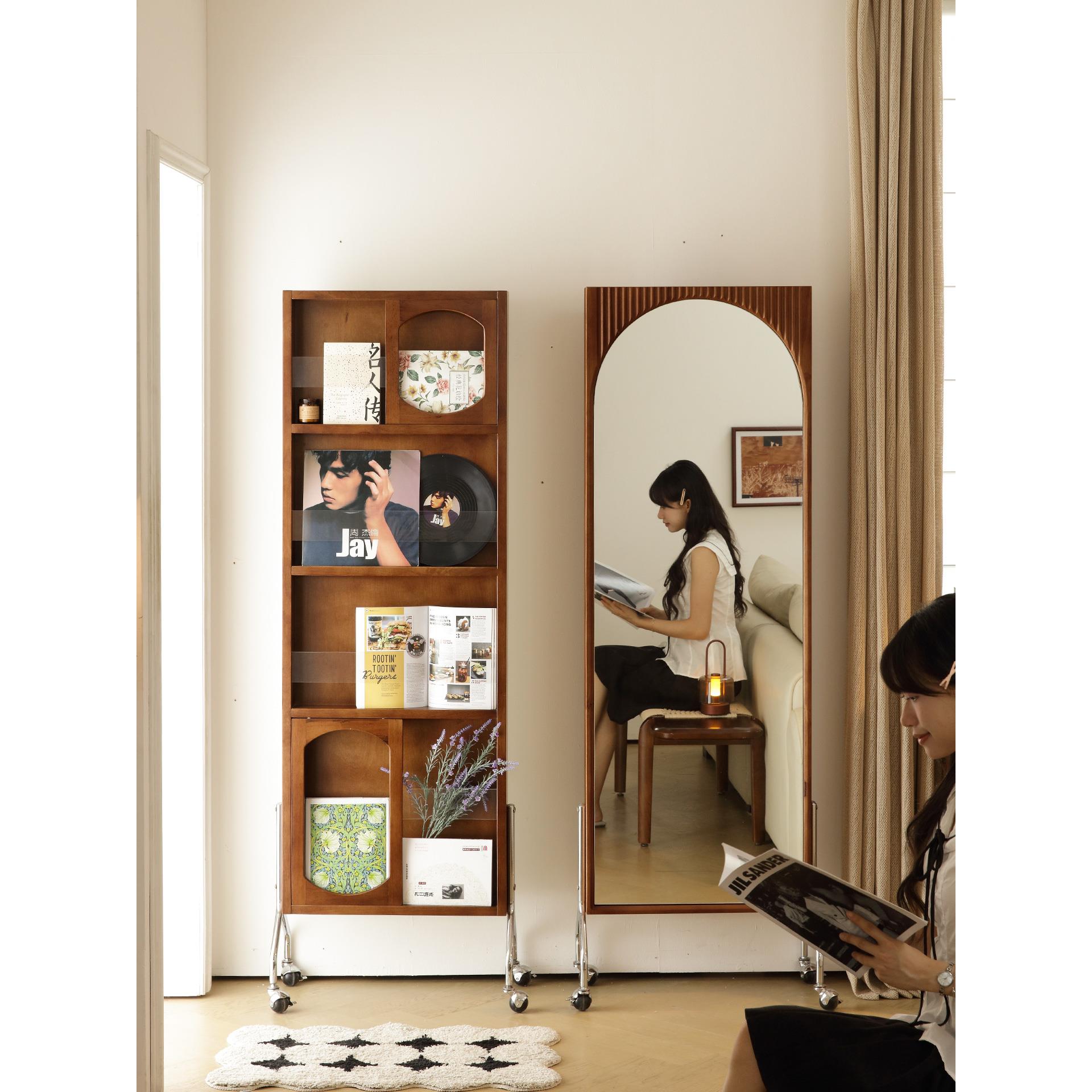 中古风实木旋转书架全身镜子一体落地置物架带轮可移动复古杂志镜