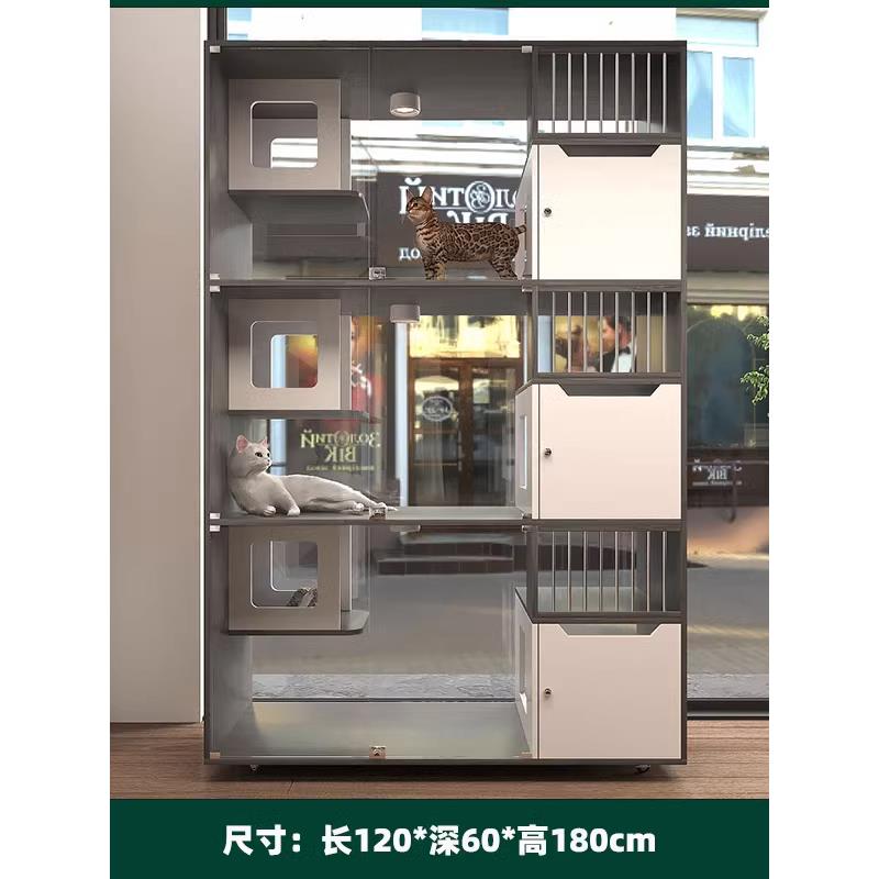 灰猫别墅实木猫笼玻璃猫柜宠物猫屋家居展示柜大型寄养笼三层