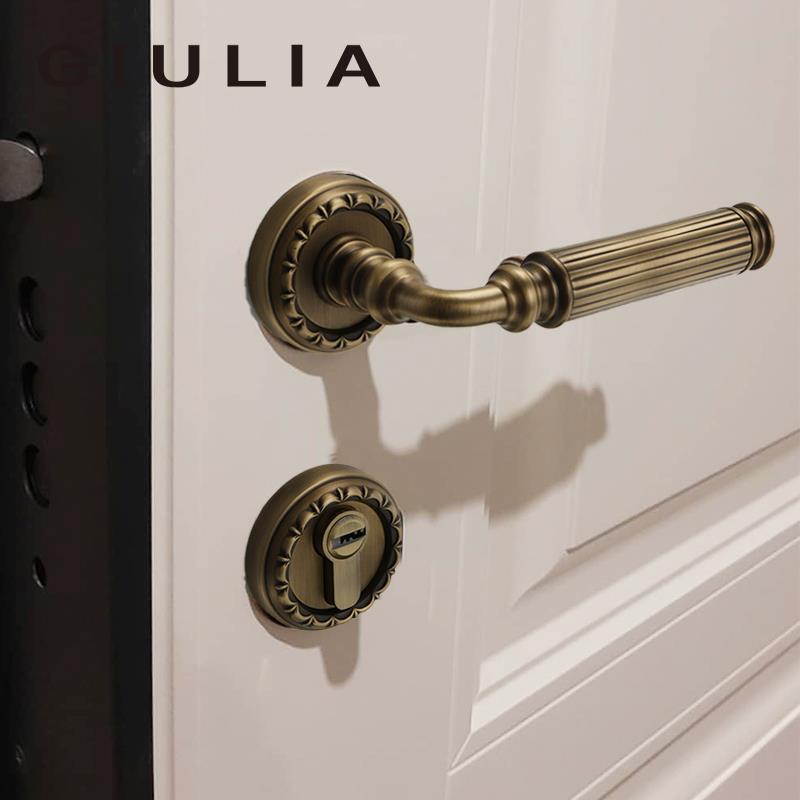 GIULIA黄铜复古磁吸静音法式门锁古铜静音门锁室内做旧门把手