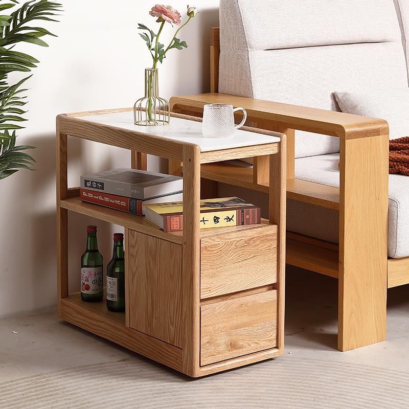 红橡木岩板边几简约沙发边柜可移动客厅角几橡木边几全实木