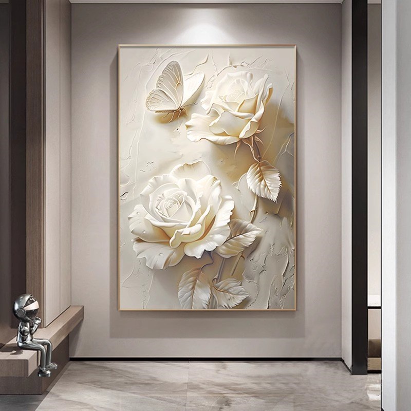 奶油风玄关装饰画郁金香浮雕立体感肌理花卉客厅挂画走廊过道壁画图片