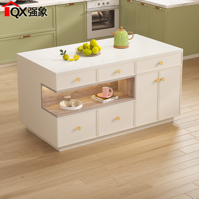 奶油风岛台餐桌一体厨房岩板中岛台茶桌储物展示柜家用可定制E40