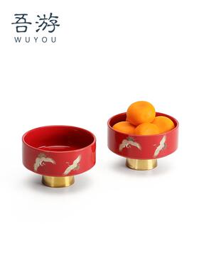 吾游 轻奢果盘家用客厅茶点盘红色高脚水果盘结婚小吃盘茶点碟子