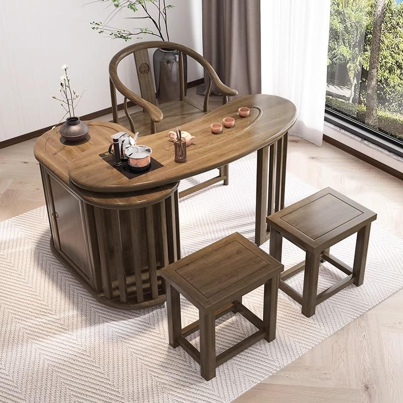 新中式实木旋转茶桌小型阳台弧形泡茶几桌家用客厅茶台烧水壶一体