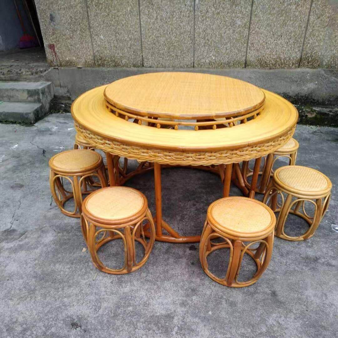 可定制纯手工藤编转桌豪华餐桌套装农家乐餐馆大圆桌家用聚餐桌子