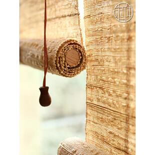 遮阳遮光卷拉式升降窗帘定制茶室阳台软隔断风水门帘苎麻挂帘夏布