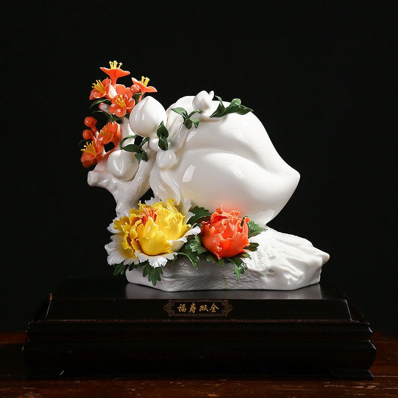 陶瓷寿桃瓷花工艺品福寿双全生日礼品创意送长辈父母祝寿礼品摆件