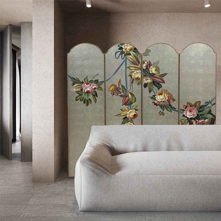手绘金箔做旧屏风 客厅卧室背景中古造型 居家可移动复古怀旧隔断