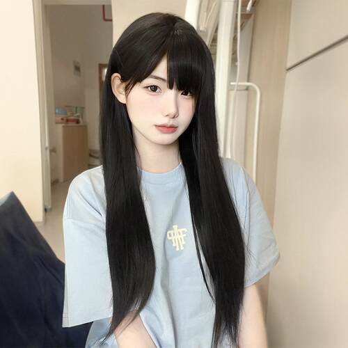 町漫假发女长发圆脸lolita自然蓬松全头套式空气刘海黑长直假发