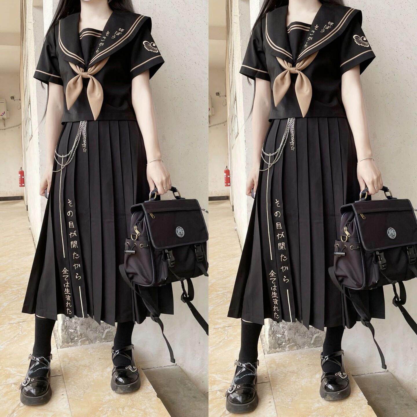 原创尘芒JK制服双色长袖不良长裙暗黑水手服套装