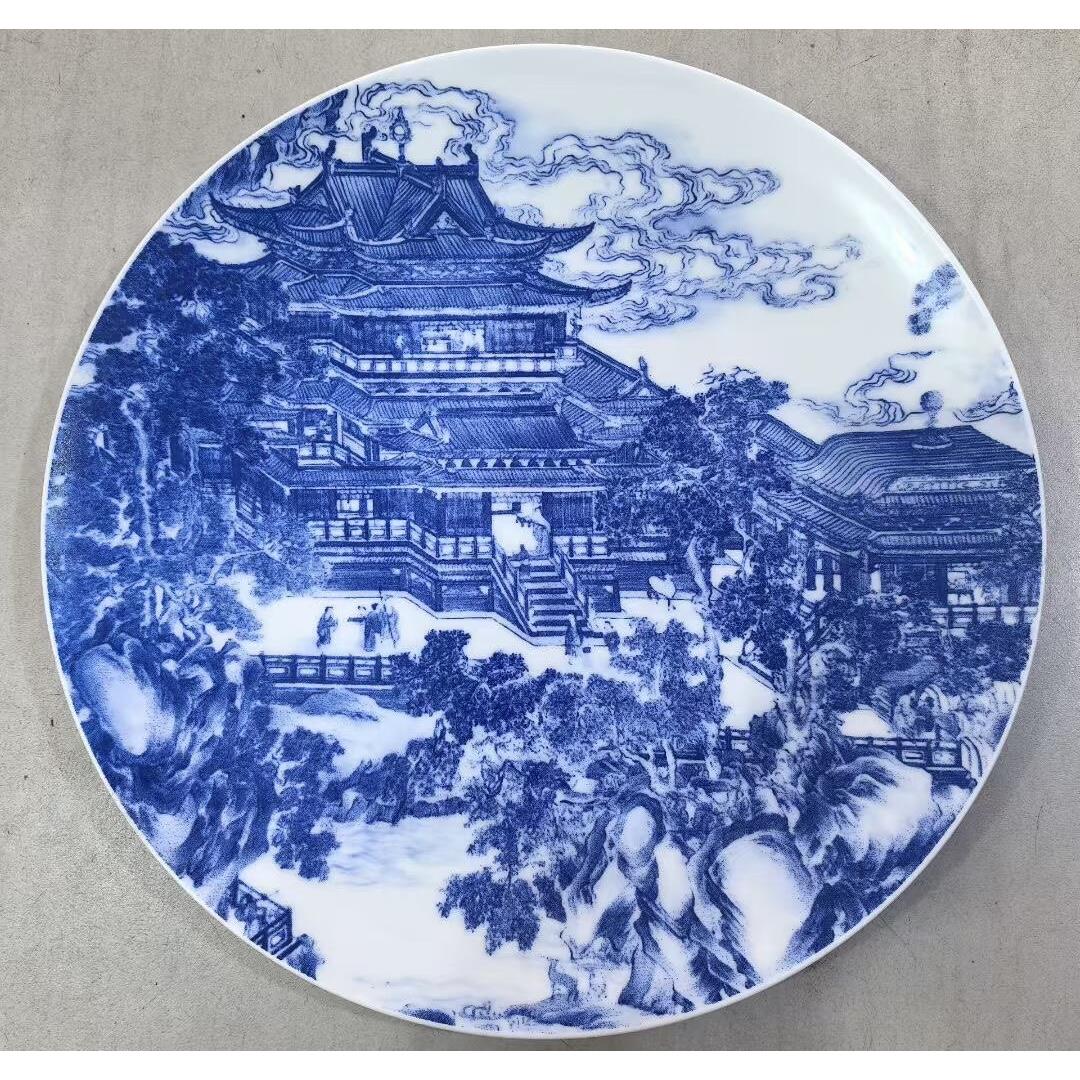 燕子瓷轩景德镇陶瓷器高白青花名楼挂盘坐盘装饰盘子家居客厅摆件