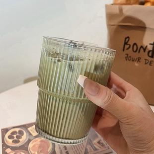 北欧风吸管冷饮杯家用大容量带盖竹爆款 ins风竖条纹玻璃杯冰美式