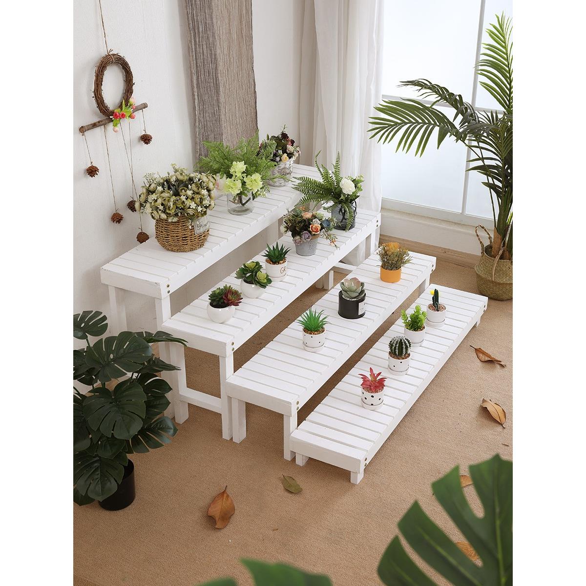 阶梯花架实木梯形单个多层落地式脚踏花凳阳台庭院防腐白色花盆架