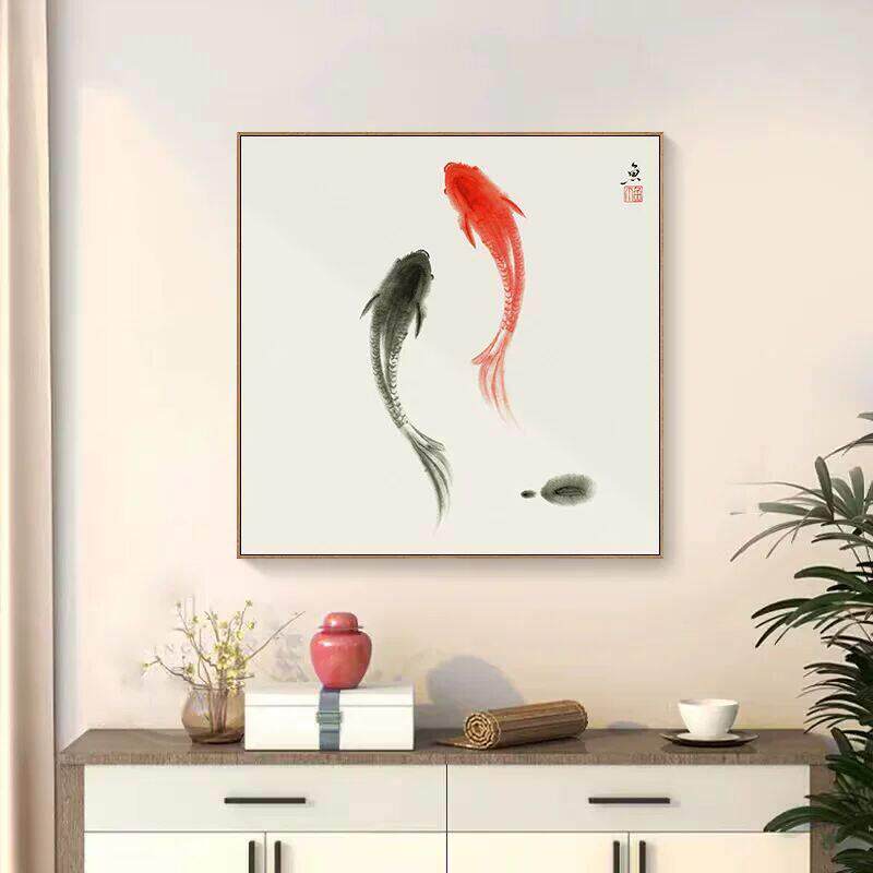 新中式九鱼图招财挂画玄门关风水挂墙装饰画鲤鱼镇宅正对门入户画