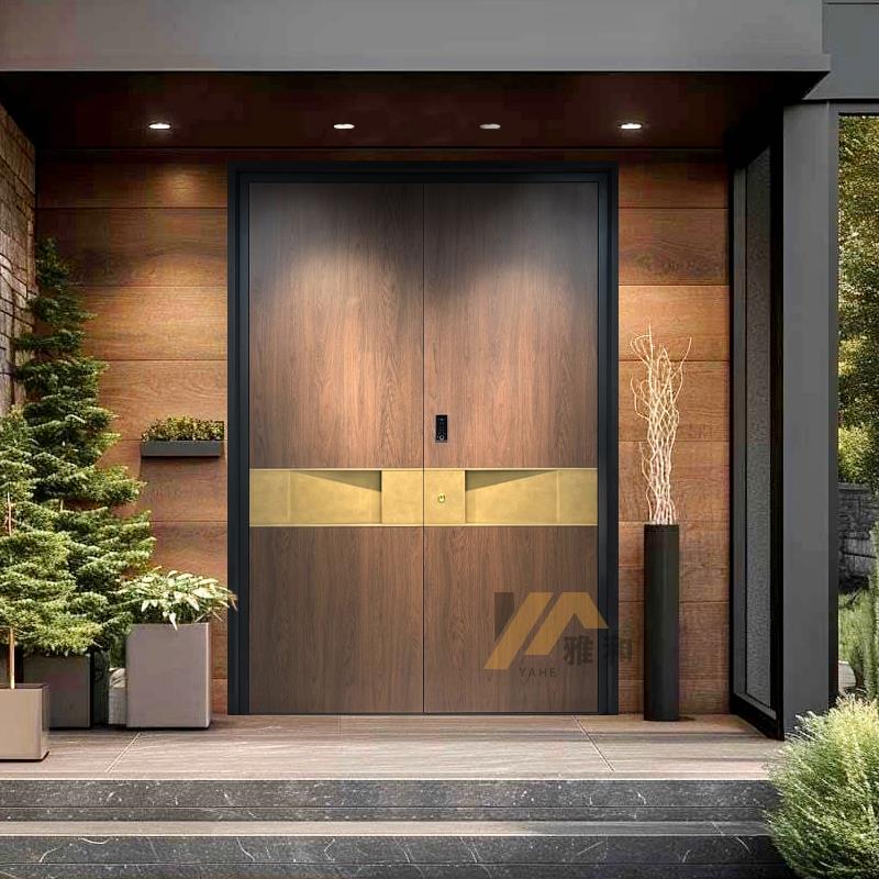 铸铝别墅大门双门入户玻璃子母对开农村自建房大门进户木纹定制