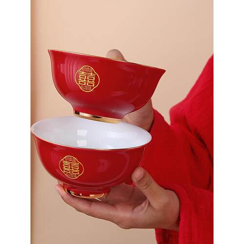 婚礼碗套装红色汤碗，筷子和勺子礼品盒套装给新婚夫妇的朋友，节