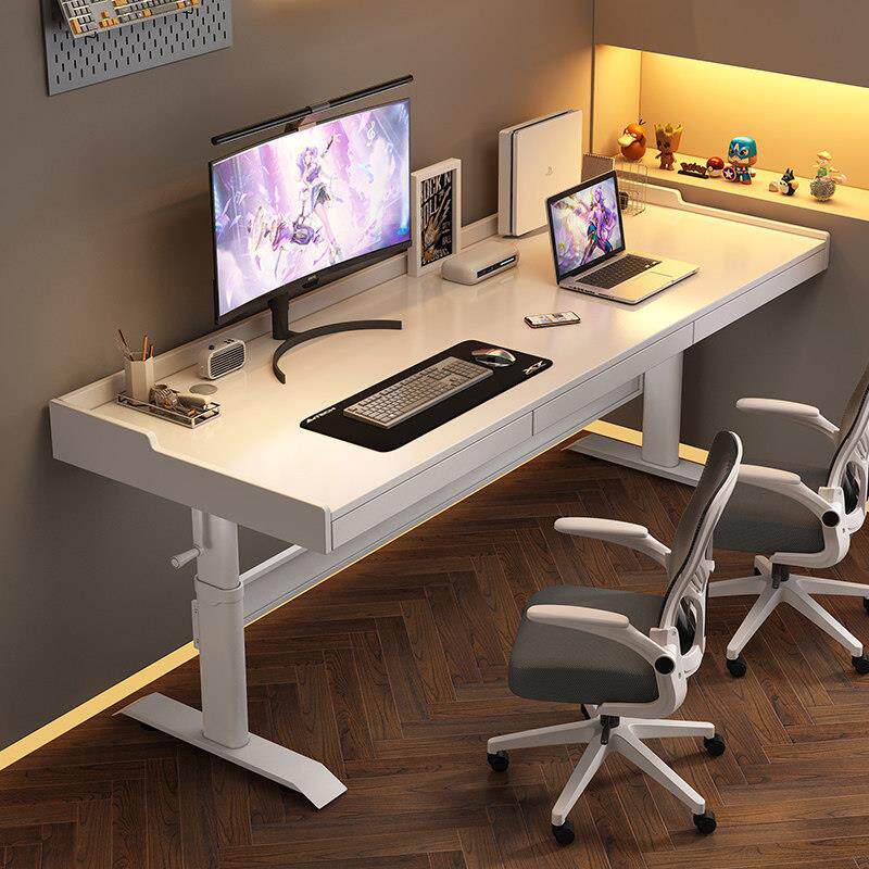 手摇升降电脑桌台式家用卧室实木办公桌带抽屉可调节学生学习书桌