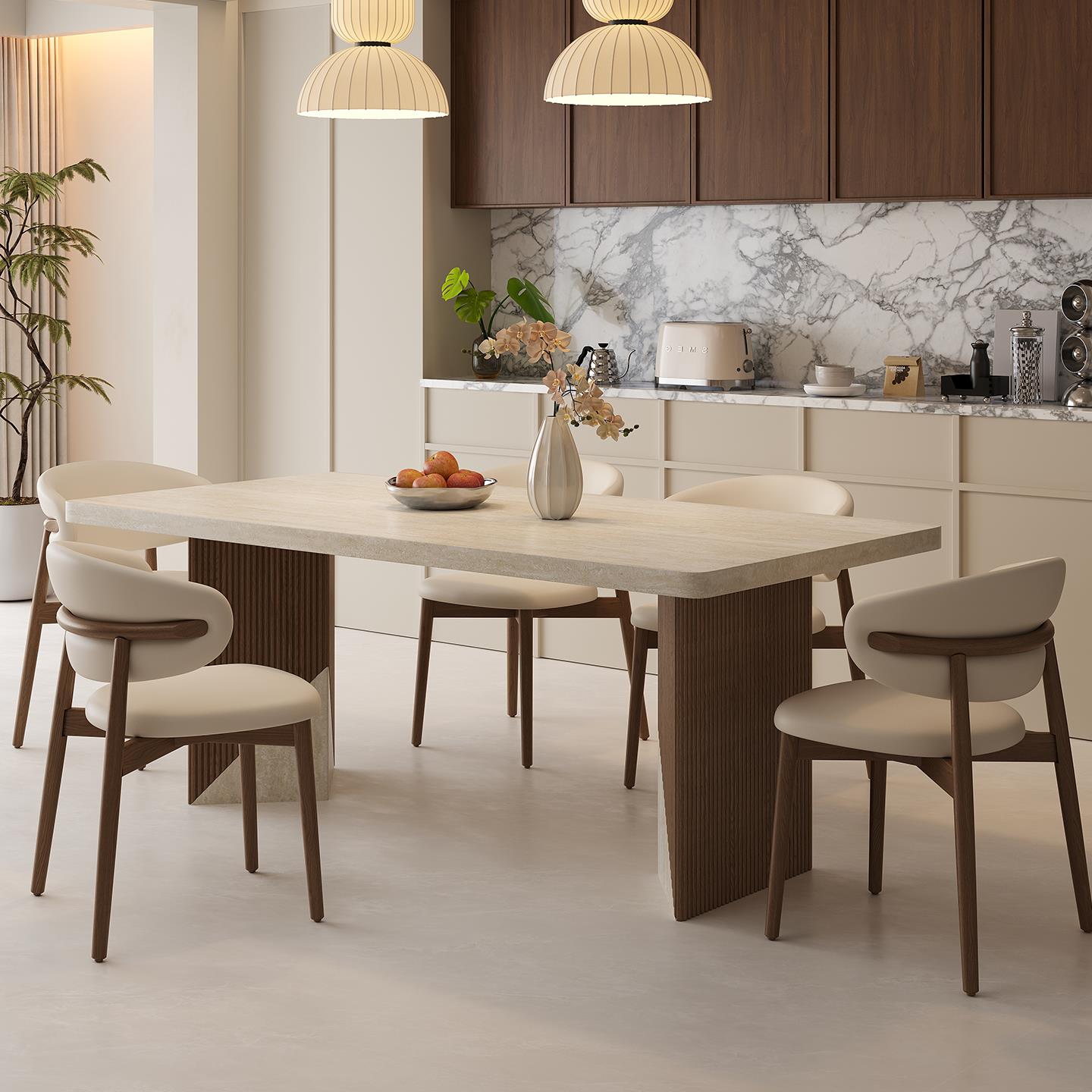 洞石岩板餐桌轻奢现代简约家用小户型中古风胡桃色实木顺德餐桌椅