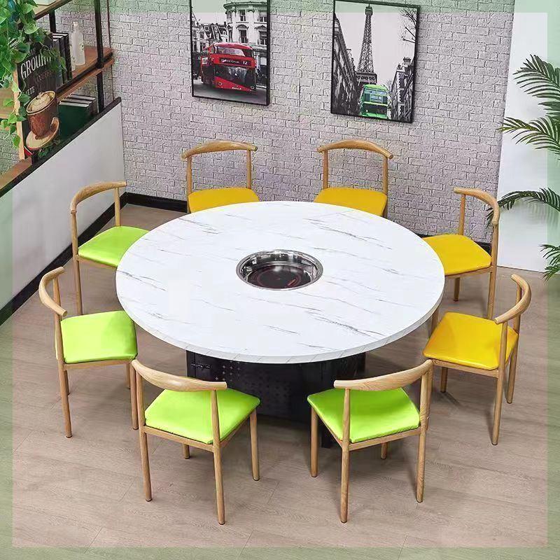 网红定制彷大理石纹火锅桌圆形商用餐桌烧烤海底捞火锅店一体组合