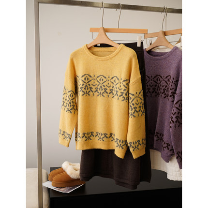 【米粒推荐】品质设计师款 牦牛绒兔毛提花针织衫女 HYZU021X