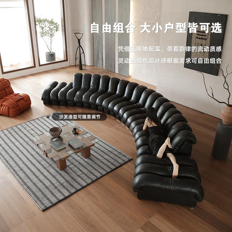 现代简约蛇形沙发意式弧形真皮沙发极简大坪数S形模块组合皮沙发