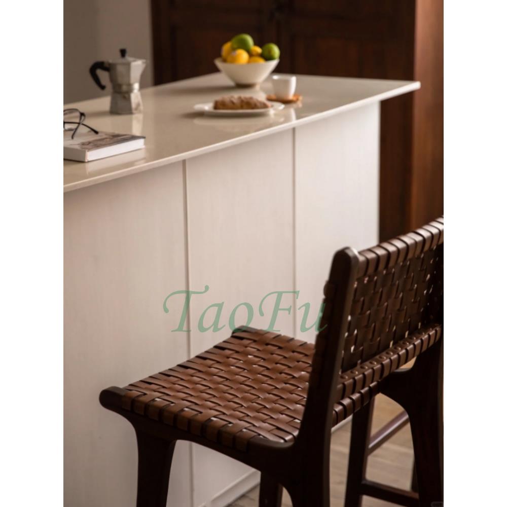 中古实木吧椅进口皮革靠背吧台高脚椅诧寂风民宿柚木家用岛台椅子