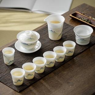 德化白瓷盖碗泡茶器功夫茶具轻奢礼品 手绘冰种玉瓷茶具礼盒套装