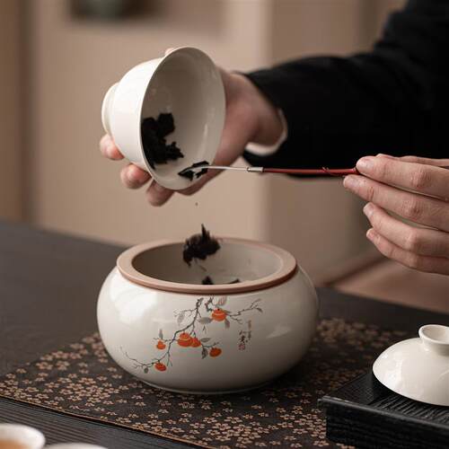 米黄汝窑茶渣缸家用陶瓷茶洗缸茶水桶废水缸功夫茶具配件茶道零配