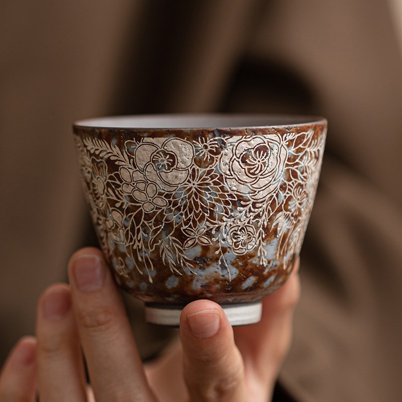 老岩泥繁花鎏银沉香杯复古粗陶茶杯功夫茶具品茗杯大号主人杯单杯