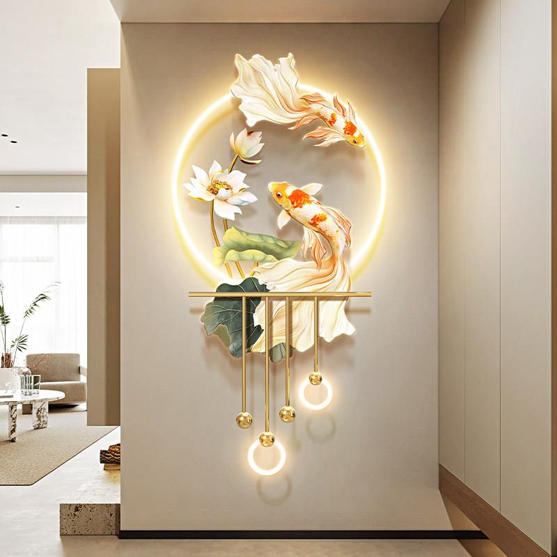 轻奢玄关装饰画锦鲤入户立体尽头挂画带灯发光走廊过道吊坠壁画