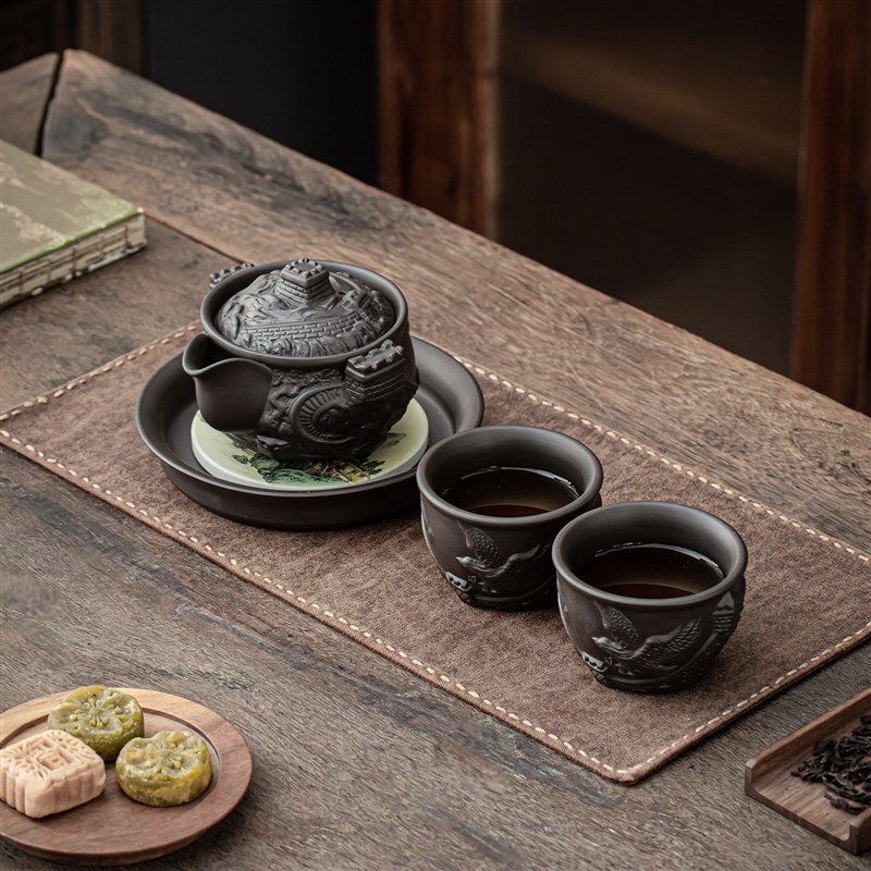 复古紫砂龙纹浮雕一壶二杯功夫茶具套装茶壶茶杯办公家用泡茶器