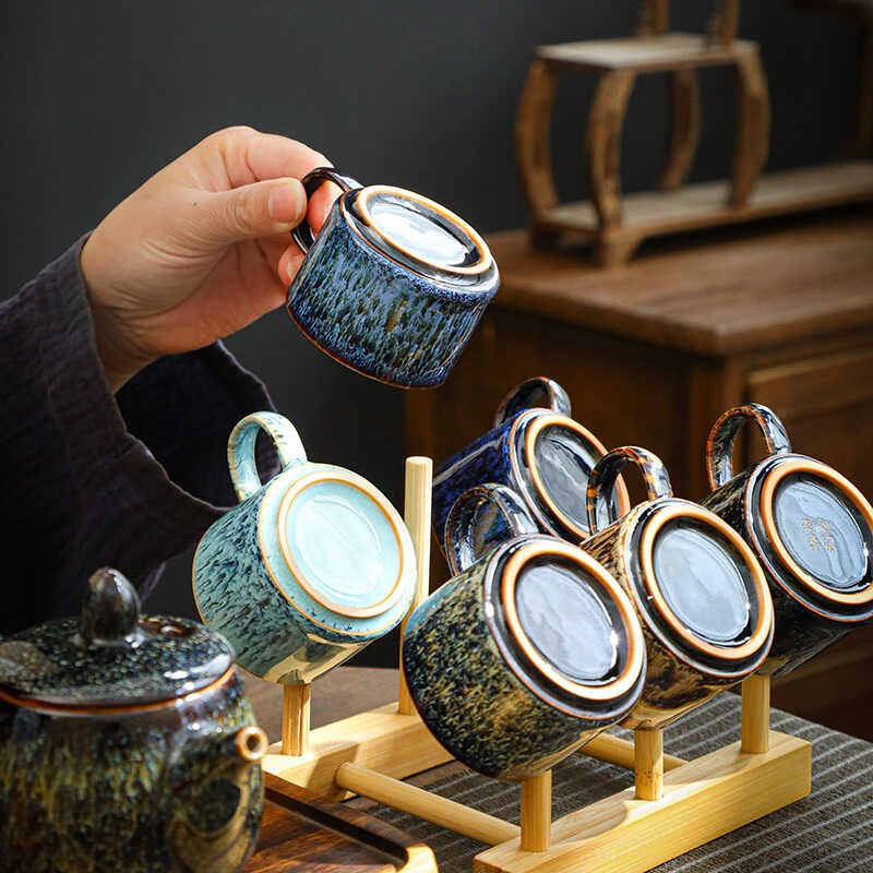 窑变茶杯简约主人杯单杯女家用功夫茶具防烫小把杯带把品茗杯6只