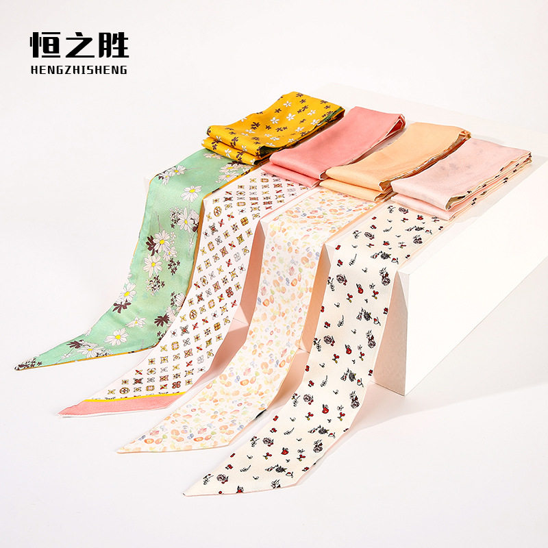碎花真丝丝巾小围脖发带女长条斜角飘带绑包领巾扎染真丝斜角巾