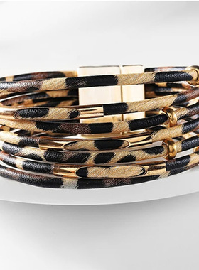 夏季时尚女式手环现货一件代发铜管配件多层皮革女士磁扣手镯