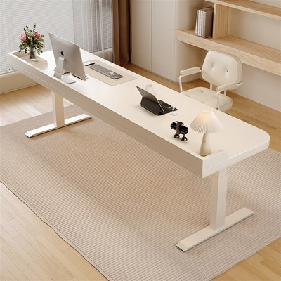 电动升降桌带挡板学习桌手动书桌可升降家用办公桌白色实木电脑桌