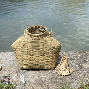 鱼篓手工竹编制品捕鱼抓虾竹笼带盖子采茶大号竹筐手提竹篮子装饰