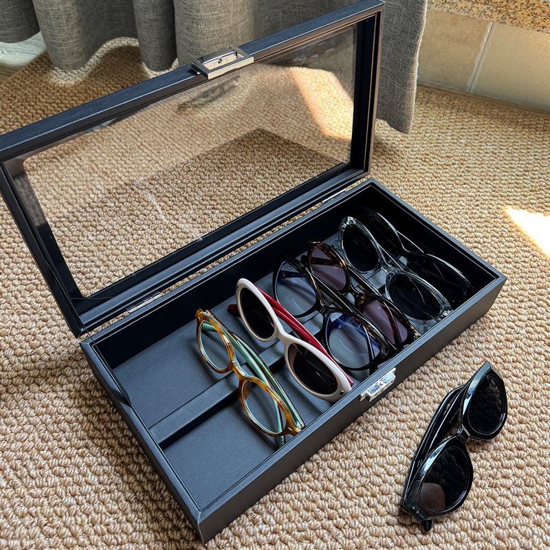 大容量眼镜盒高级黑色PU皮绒布太阳眼镜盒透明玻璃太阳眼镜展示放