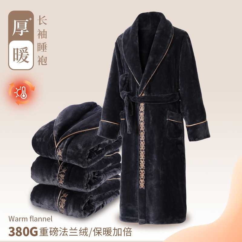 Bnj法兰绒男士睡袍秋冬加绒加厚保暖珊瑚绒浴袍中长款家居服男款