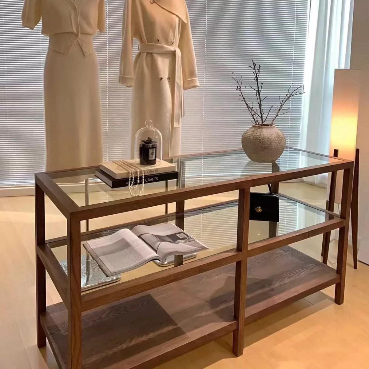 网红服装店胡桃色全实木中岛柜置物架陈列中间摆台饰品展示架玻璃