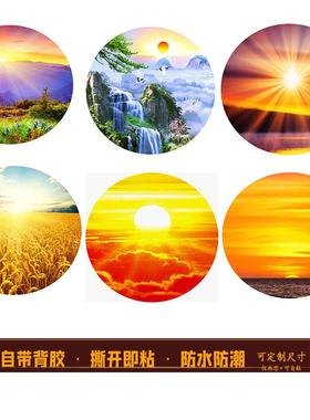 圆形旭日东升黏贴画客厅饭厅入户玄关装饰画日出红太阳麦田自粘画