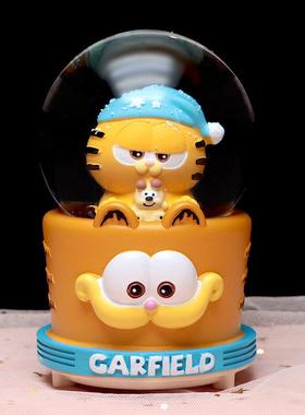 萌宠加菲猫水晶球音乐盒发光旋转飘雪卧室八音盒摆件小女生日礼物