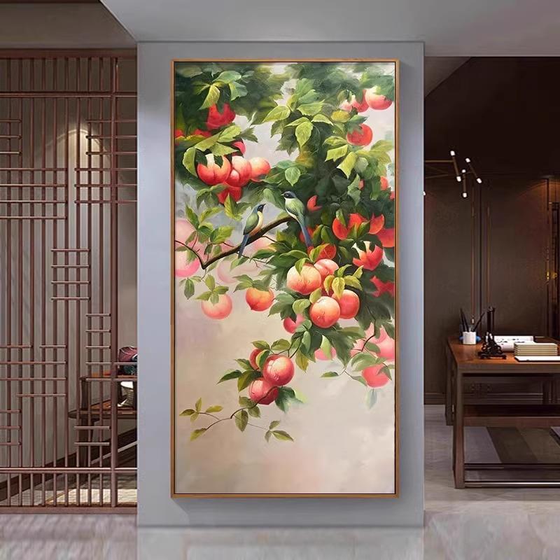 《喜上枝头》喜鹊寓意好新中式桃子装饰画壁画玄关艺术挂画