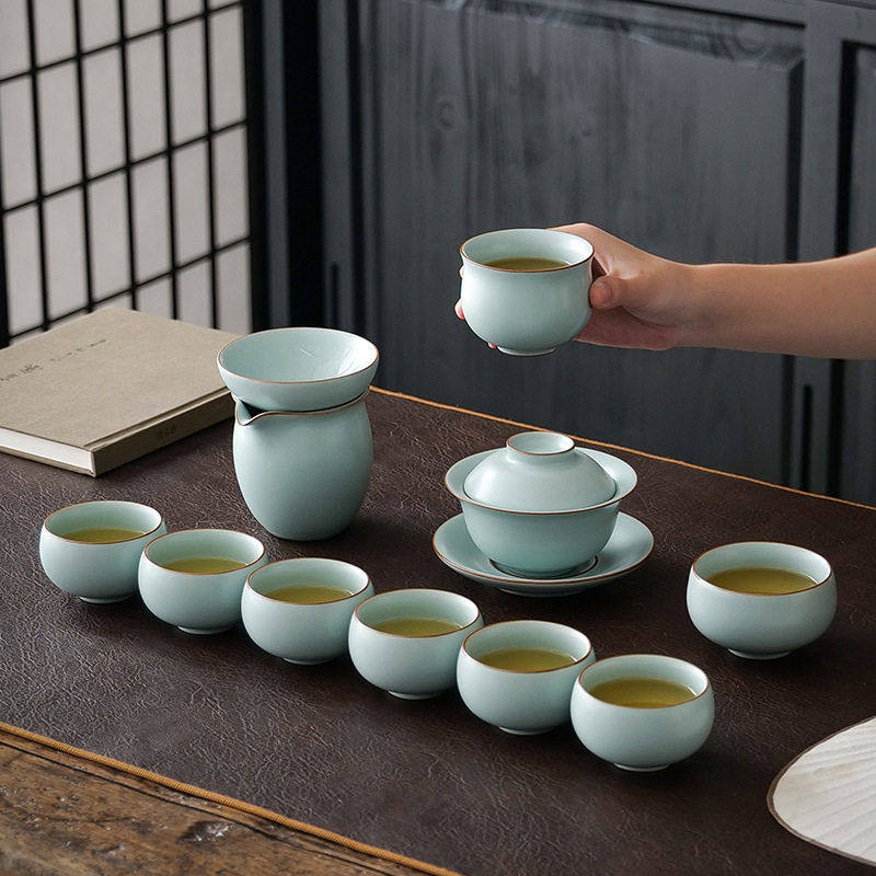 汝窑片功夫茶具套装家用陶瓷中式端泡茶壶茶杯会客送礼盒,餐饮具,整套茶具,淘宝优惠券,粉丝福利购,淘宝优惠卷