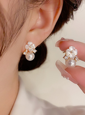 森系甜美文艺风时尚花朵珍珠耳钉s925银针耳坠高级感气质耳环耳饰